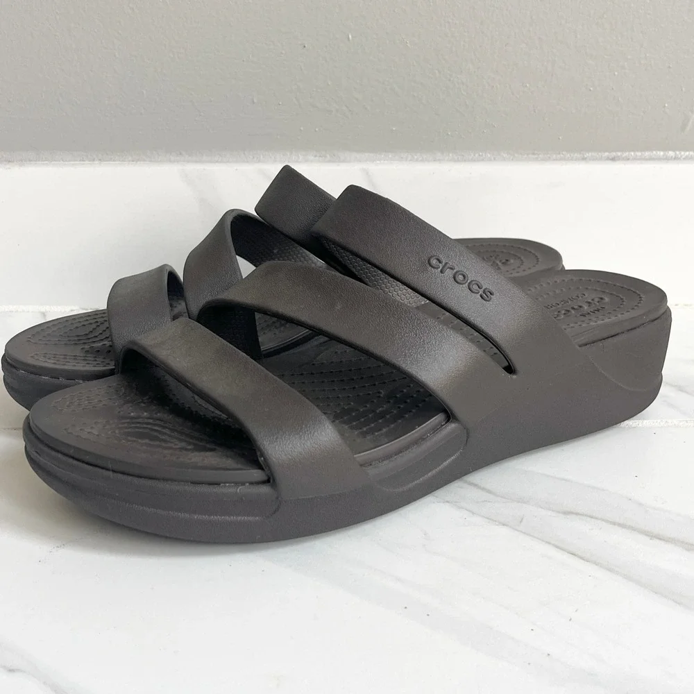 Crocs Monterey Strappy Wedge Sandals Womens 11 Brown Slide Comfort Casual Summer
